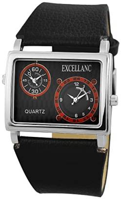 Excellanc Herren Armbanduhr Schwarz Rot 2 Zeitzonen Dual Time Leder Analog Männer Quarz 9225721300014 von Excellanc