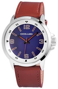 Excellanc Herren analog Armbanduhr mit Quarzwerk 295023000195 Metallgehäuse mit Kunstleder Armband in Braun und Dornschließe Ziffernblattfarbe Blau Weiß Bandgesamtlänge 24 cm Armbandbreite 24 mm von Excellanc