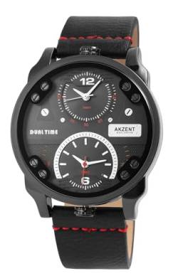 Excellanc Herrenuhr Anthrazit Schwarz Analog 2 Zeitzonen Dual Time Weltzeit Kunst Leder 3ATM Quarz 92900123002 von Excellanc