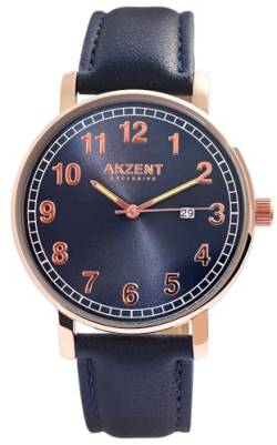 Excellanc Herrenuhr Blau Roségold Analog Datum Kunst Leder 3ATM Quarz 92900188002 von Excellanc