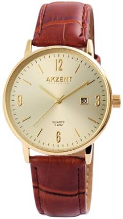 Excellanc Herrenuhr Gold Braun Analog Datum Kunst Leder 3ATM Quarz 92900118005 von Excellanc