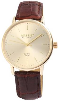 Excellanc Herrenuhr Gold Braun Analog Kunst Leder 3ATM Quarz 92900150003 von Excellanc