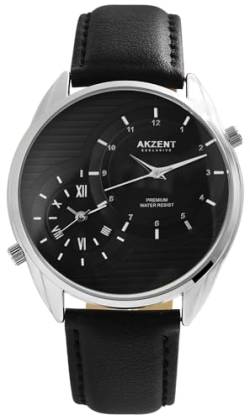 Excellanc Herrenuhr Schwarz Analog 2 Zeitzonen Dual Time Weltzeit Kunst Leder 3ATM Quarz 92900187002 von Excellanc