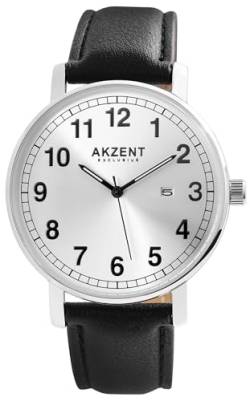 Excellanc Herrenuhr Silber Schwarz Analog Datum Kunst Leder 3ATM Quarz 92900188004 von Excellanc