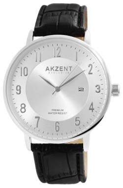 Excellanc Herrenuhr Silber Schwarz Analog Datum Kunst Leder 3ATM Quarz 92900189001 von Excellanc