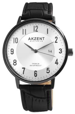 Excellanc Herrenuhr Silber Schwarz Analog Datum Kunst Leder 3ATM Quarz 92900189003 von Excellanc