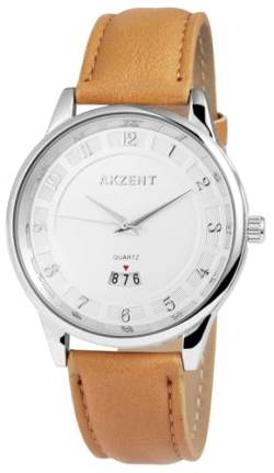 Excellanc Herrenuhr Weiß Braun Analog Datum Kunst Leder 3ATM Quarz 91900019002 von Excellanc