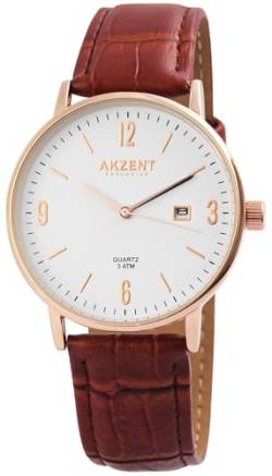 Excellanc Herrenuhr Weiß Rosègold Braun Analog Datum Kunst Leder 3ATM Quarz 92900118002 von Excellanc