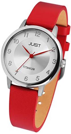 Excellanc Just Damen Armband Uhr Silber Rot Analog Titan Echt Leder 5ATM Quarz 9JU10186003 von Excellanc