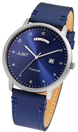 Excellanc Just Herren Armband Uhr Blau Analog Datum Tag Titan Echt Leder 5ATM Quarz 9JU20191003 von Excellanc