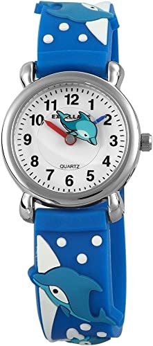 Excellanc Kinder Armband Uhr Weiß Blau 3D Delfin Ozean Meer Lernuhr Jungen Mädchen Kids 94500021001 von Excellanc