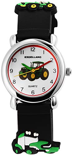 Excellanc Kinder-Uhr Silikon Armbanduhr analoge Lernuhr mit grünem 3D Traktor-Motiv Comicstyle für Jungen und Mädchen von Excellanc
