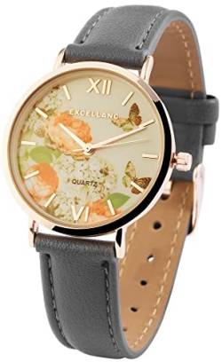 Excellanc Modische Damen Armbanduhr Weiß Grau Blumen Floral Motiv Analog Leder Imitat Quarz Frauen 91900116003 von Excellanc