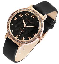 Excellanc Modische Design Damen Armband Uhr Schwarz Rosègold Strass Kristalle Analog Kunst Leder Quarz 91900106004 von Excellanc