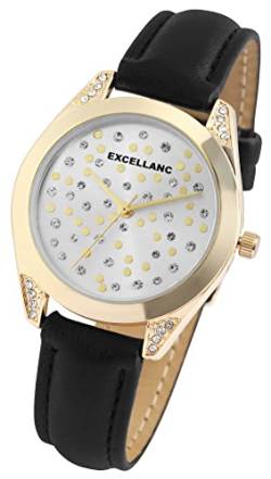 Excellanc Modische Design Damen Armband Uhr Silber Schwarz Gold Analog Kunst Leder Strass Crystals Quarz 91900176008 von Excellanc