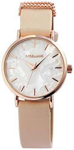 Excellanc Modische Design Damen Armband Uhr Weiß Beige Rosègold Kette Analog Kunst Leder Quarz 91900153003 von Excellanc