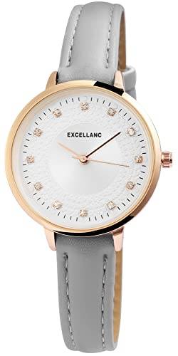 Excellanc Modische Design Damen Armband Uhr Weiß Grau Rosègold Strass Kristalle Analog Kunst Leder Quarz 91900151003 von Excellanc
