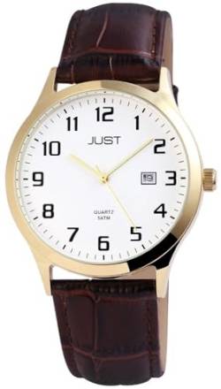 Excellanc Modische Herren Armband Uhr Weiß Braun Gold Analog Datum Echt Leder 5ATM Quarz 9JU20114002 von Excellanc