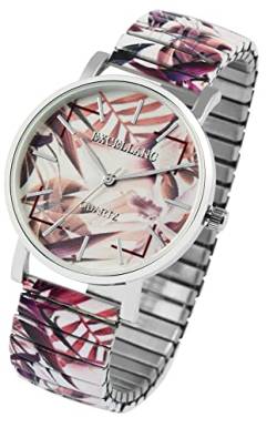 Excellanc Motiv Damen Armband Uhr Weiß Braun Silber Blumen Muster Analog Zugband Stretch 91700072002 von Excellanc