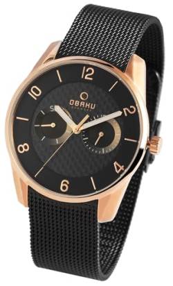 Herren Armband Uhr Obaku Denmark Schwarz Rosègold Analog Edelstahl Milanaise Meshband Quarz Mode 5ATM Männer 9V171GMVBMB von Excellanc