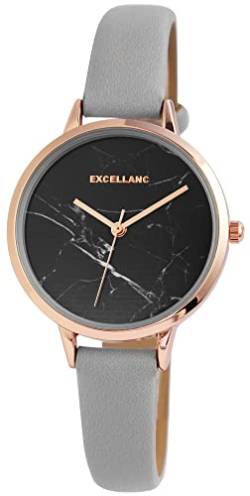 Modische Damen Armband Uhr Schwarz Grau Roségold Marmor Design Effekt Analog Leder Imitat Quarz 91900214005 von Excellanc