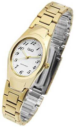 Modische Q&Q by Citizen Design Damen Armband Uhr Weiß Gold Analog Edelstahl 3ATM Oval Quarz Frauen 9Q20A005PY von Excellanc