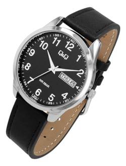 Q&Q by Citizen Herren Armband Uhr Schwarz Analog Datum & Tag Leder Imitat Klassik Mode Quarz 5ATM Männer 9C32A008PY von Excellanc