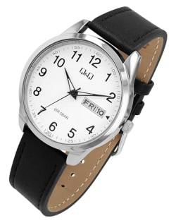 Q&Q by Citizen Herren Armband Uhr Weiß Schwarz Analog Datum & Tag Leder Imitat Klassik Mode Quarz 5ATM Männer 9C32A006PY von Excellanc