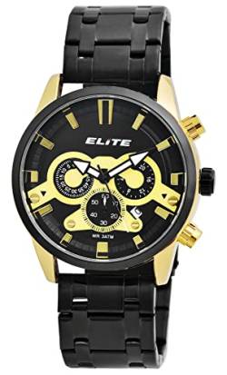 Unbekannt Elite Herren - Uhr Schwarz Goldfarbig Analog Datum Chronograph Metall Quarz 3 Bar Armbanduhr von Excellanc