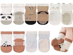 Exemaba Baby Antirutsch Socken 5 Paar Kleinkinder Tiermotive ABS Rutschfeste Sneaker Socken(Kaffee Panda,L/3-5Y) von Exemaba
