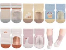 Exemaba Baby Antirutsch Socken 5 Paar Kleinkinder Tiermotive ABS Rutschfeste Sneaker Socken(Khaki Streifen,M/1-3Y) von Exemaba