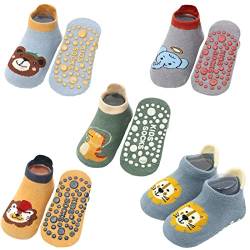 Exemaba Baby Rutschfeste Socken 5 Paar Tiermotive Kleinkinder Antirutschsocken Krabbelsocken für Jungen(Jungen,L/3-5 Jahre) von Exemaba