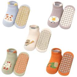 Exemaba Baby Rutschfeste Socken 5 Paar Tiermotive Kleinkinder Antirutschsocken Krabbelsocken für Mädchen Jungen(Style F,M/1-3 Jahre) von Exemaba