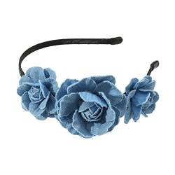Blaues Stoff-Stirnband für Damen mit Rose, gewaschene Denim-Stirnbänder, rutschfeste Stirnbänder, süße Haarbänder, Yoga-Zubehör, Haarreifen für Frauen, süße Rose, Blume, dekorativer Haarreifen, von Exingk