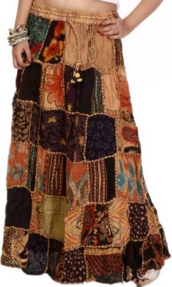 Exotic India Long Printed Dori Skirt from Gujarat with Patch Work - Color Beige Garment Size EinheitsgröÃŸe meisten von Exotic India