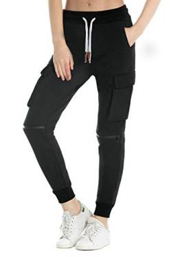 Extreme Pop Damen Jogginghose aus Reiner Baumwolle Slim Fit Jogger French Terry Knit Cargo Pants Farben Schwarz Grau Blau (L, Black) von Extreme Pop