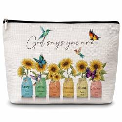 Eyouyeqi Christliche Make-up-Tasche, "God Says You Are"-Kosmetiktasche, Sonnenblumen-Make-up-Tasche mit Reißverschluss, inspiriert von Sonnenblumen-Liebhaber, inspirierendes Geschenk für Frauen und von Eyouyeqi