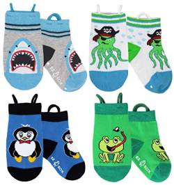 Ez Sox Jungen und Mädchen Kleinkind Socken, nahtlose Zehen, rutschfeste, Pull-up-Schleifen (Shark-Octopus-Penguin-Frog, 3-5 Jahre) von Ez Sox