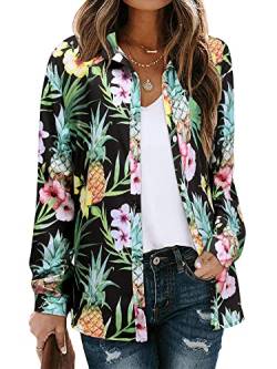 Ezcosplay Hawaii-Shirts für Damen, langärmelig, Knopfleiste, tropisches Blumenmuster, Urlaub, Strand, Bluse, Schwarz, XX-Large von Ezcosplay