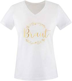 EZYshirt® Junggesellinnenabschied JGA Braut & Team Braut Goldener Blumenkranz T-Shirt Damen V-Neck von Ezyshirt