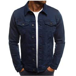 F6QUM Herren Denim Jacke Button Down Slim Fit Solid Langarm Freizeitjacke Jeansmantel mit Pattentasche, marineblau, L von F6QUM
