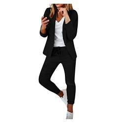 FACAIAFALO Damen Zweiteiliger Anzug Set Revers Büro Business Formal Blazer Langarm Anzugjacke Hosenanzug Slim Fit Hose 2 Stück (06 Schwarz, M) von FACAIAFALO