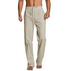 FACAIAFALO Modaworld Hosen Herren Leinen Baumwolle Lange Sport Straight Regular Fit Strandhose aus Baumwollmischung Leicht Sommerhose Jogginghose Loose Fit mit Kordelzug Seitentaschen, X Beige, L von FACAIAFALO