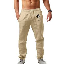 Hosen Herren Leinen Baumwolle Lange Sport Straight Regular Fit Outdoor Strandhose aus Baumwollmischung Leicht Sommerhose Jogginghose Loose Fit Freizeithose mit Kordelzug Seitentaschen von FACAIAFALO