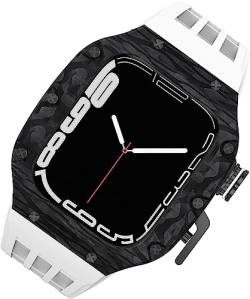 FACDEM Uhrengehäuse aus Karbonfaser, Sport-Fluorgummi-Armband, für Apple Watch 8/7, 6/5/SE/4, 44 mm, 45 mm, luxuriöser Titanrahmen, atmungsaktives Übungsband, für Damen und Herren, Uhrenarmband, von FACDEM