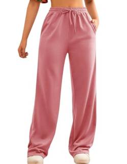 FACDIBY Damen Jogginghose mit weitem Bein Elastische Hohe Taille Kordelzug Lose Hose mit Taschen, 05-pink, M von FACDIBY