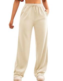 FACDIBY Damen Jogginghose mit weitem Bein Elastische Hohe Taille Kordelzug Lose Hose mit Taschen, 06-beige, L von FACDIBY