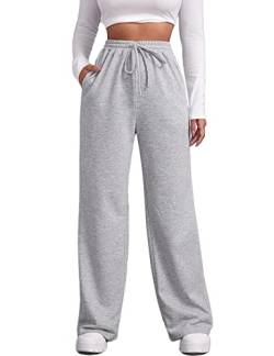 FACDIBY Jogginghose mit weitem Bein für Damen, elastisch, hohe Taille, Kordelzug, lockere Hose mit Taschen, 01-light grey, Mittel von FACDIBY