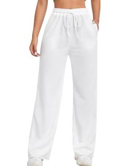 FACDIBY Jogginghose mit weitem Bein für Damen, elastisch, hohe Taille, Kordelzug, lockere Hose mit Taschen, 04-weiß, M von FACDIBY