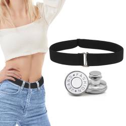 FAELNK Unsichtbarer Gürtel Damen Elastischer Gürtel mit flacher Schnalle Elastic Belt Verstellbar mit 2 Stück Jeans Knöpfe Ohne Nähen für Jeans Hosen Kleider (Schwarz) von FAELNK